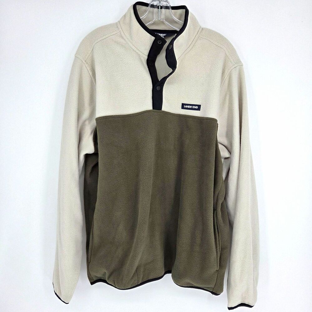 Lands' End Men's Lg Colorblock Fleece Snap Mock Neck Pullover Sweatshirt Pockets